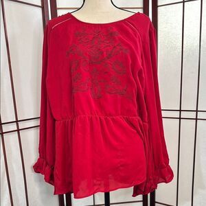 Red Ruffled Blouse with Relaxed Fit and Billowy Sleeves